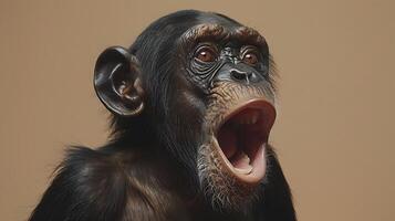 A chimpanzee with its mouth open and its mouth wide open photo