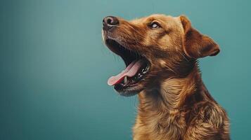 A dog is barking and looking up at the camera photo