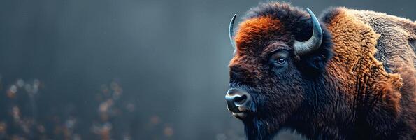 A bison is standing in the grass with a dark background photo