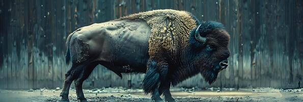 A bison standing in the rain with its head down photo