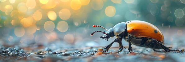 A ladybug on the ground with a blurry background photo