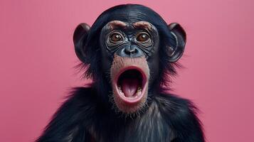 A chimpanzee with its mouth open on a pink background photo