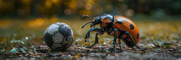 A beetle and a soccer ball in the grass photo