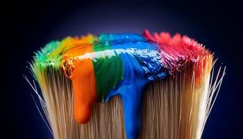 Brush Loaded With Vibrant Paint Drips in a Colorful Artistic Display Against a Dark Background photo