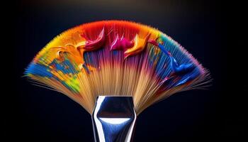 Brightly Colored Paint on a Fan Brush Creating Vibrant Patterns and Textures in an Artistic Display photo
