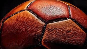Close-up View of an Aged Soccer Ball Showing Intricate Texture and Stitches Under Dramatic Lighting photo