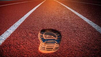 Footprint on a Red Running Track at Sunrise Indicating Preparation for an Athletic Event or Training Session photo