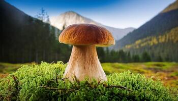 Beautiful Mushroom Growing in Lush Green Moss With Mountains in the Background During a Sunny Day in Nature photo