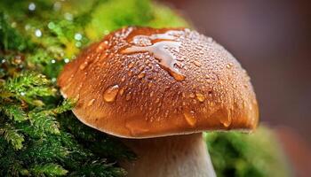 Detailed Close-Up of a Glistening Mushroom With Dew Drops in a Lush Forest Setting During Morning Light photo