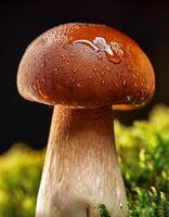 Brown Mushroom With Droplets Resting on Moss in a Forest After Rainfall photo