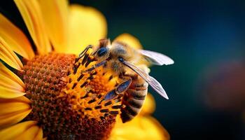 Close-up View of a Bee Collecting Nectar From a Vibrant Sunflower in Sunlight During Summer photo