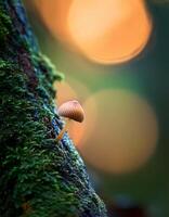 Mushroom Grows on Tree Trunk at Sunset in a Lush Forest photo