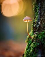 Mushroom Grows on Moss-Covered Tree in a Sunlit Forest During Autumn photo