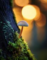 Small Mushroom Growing on a Moss-Covered Tree Trunk During Twilight in a Forest Setting Filled With Soft Bokeh Lights photo