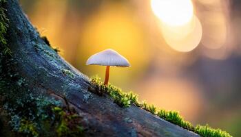 Unique Mushroom Growing on a Moss-Covered Log During a Golden Sunset in a Serene Forest Environment photo