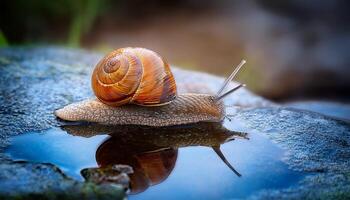 Snail Crawling on a Wet Rock Beside a Reflective Puddle During Early Morning Hours photo