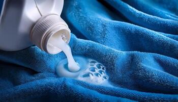 Liquid Detergent Spills on a Blue Towel in a Laundry Setting During the Day as Bubbles Form and Spread Across the Fabric photo