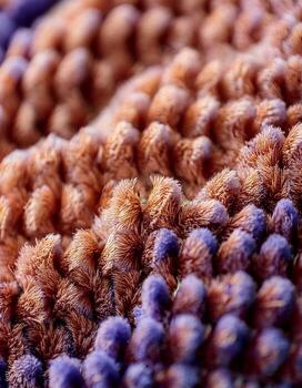 Close-up View of Vibrant Textured Fabric Showcasing Intricate Patterns and Soft Fibers in Warm Colors photo