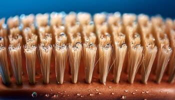 Close-up View of a Toothbrush Bristles With Water Droplets Reflecting Light on a Blue Background photo