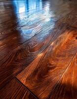 Beautifully Polished Wooden Floor Showcasing Rich Textures and Natural Patterns in a Bright Interior Space photo