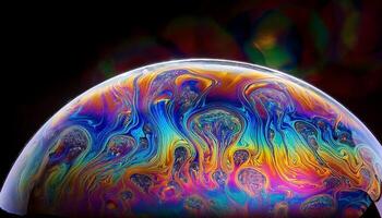 Colorful Soap Bubble Displaying Vibrant Patterns Against a Dark Background During a Sunny Day in an Outdoor Setting photo