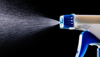 High-detail Close-Up of a Spray Nozzle Releasing Mist Against a Black Background Creating a Dynamic Visual Effect photo