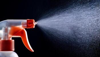 Water Spray Nozzle Releases Mist in Close-Up Against a Dark Background, Showcasing Fine Droplets in a Dynamic Spray Pattern photo