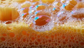 Close-up View of Bubbles and Texture on a Yellow Sponge During a Cleaning Process in Bright Setting photo