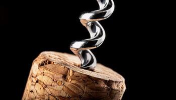 Corkscrew Twisting Into a Wine Cork Against a Dark Background, Emphasizing the Intricate Design and Texture of the Cork photo