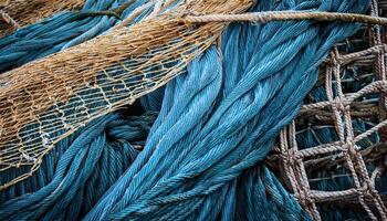 Colorful Fishing Nets and Ropes Create an Intricate Texture in a Coastal Setting With a Focus on Craftsmanship and Marine Activities photo