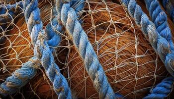 Intricate Details of Intertwined Ropes and Nets on a Textured Surface Showcasing Craftsmanship and Nature's Elements photo