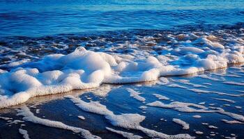 Waves Gently Roll Onto the Sandy Shore at Sunset, Creating a Mesmerizing Display of Foam and Reflections photo