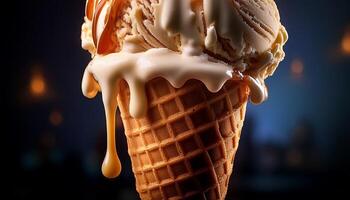 Delicious Ice Cream Dessert in a Waffle Cone With Caramel Drizzle on a Warm Evening photo