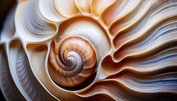 Beautiful Close-Up of a Nautilus Shell Showcasing Intricate Patterns and Natural Colors in Soft Lighting photo