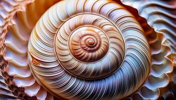 Close-up View of a Beautifully Patterned Seashell Resting on Sandy Surface Under Soft Light Reflections photo