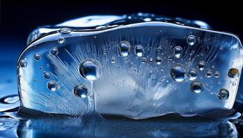 Intricate Details of a Frozen Ice Block Showcasing Bubbles and Crystalline Structures on a Dark Background photo