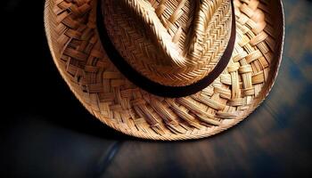 Natural Woven Straw Hat Placed on a Wooden Surface Showcasing Intricate Craftsmanship and Unique Design Features photo