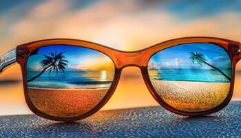 Sunglasses Reflecting a Vibrant Sunset Over a Tropical Beach With Palm Trees and Calm Waves photo