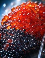 Colorful Assortment of Fish Roe Displayed on a Metallic Surface Creating an Appetizing Visual Treat photo
