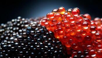 Colorful Clusters of Fish Roe Displayed in a Close-Up View Showcasing Their Textures and Reflections photo