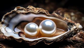 Natural Oysters Hold Two Lustrous Pearls Resting in Their Shells on a Sandy Ocean Floor photo