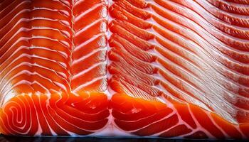 Freshly Sliced Salmon Showcasing Vibrant Colors and Intricate Patterns at a Sushi Preparation Station During a Culinary Event photo