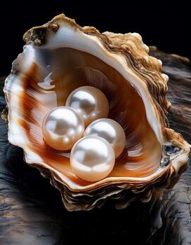 Pearls Nested in a Shimmering Oyster Shell Resting on a Dark Surface in Soft Light photo