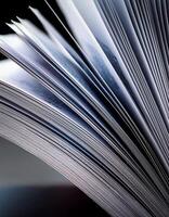Open Book With Pages Fanned Out, Revealing Text and Textures in a Dimly Lit Setting photo