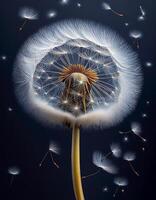 Dandelion Fluff Dances in the Gentle Breeze Against a Dark Backdrop During Late Spring, Showcasing Nature's Delicate Beauty photo