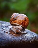 Close-up of a Snail Crawling on a Wet Stone in a Lush Garden After the Rain photo