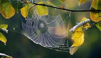 Delicate Spider Web Glistens With Dew on a Branch in a Serene Natural Setting During Early Morning photo