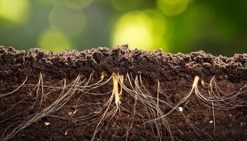 Roots Emerging From Rich Soil Highlighting the Connection Between Plants and Environment During Sunlight photo