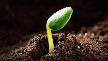 New Plant Sprout Emerging From Dark Soil Symbolizing Growth and Renewal in a Natural Setting photo