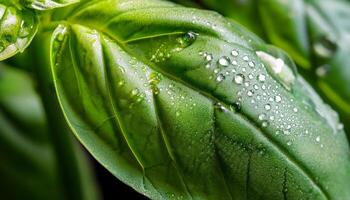 Close-up View of Fresh Basil Leaves Glistening With Dew in a Home Garden During Early Morning Hours photo